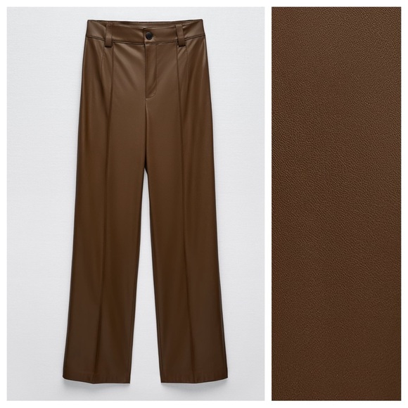 NWT. Zara BrownFaux Leather Francoise Full Length Trousers. Size XS. - Picture 5 of 10